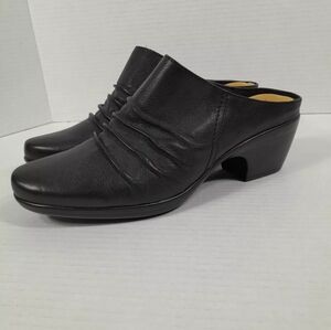 Clarks Emily Charm Leather Clogs Mule Ruched Women Sz 11 Black‎
